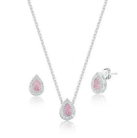 Conjunto Gota Rosa de Prata Zircônia Cravejado