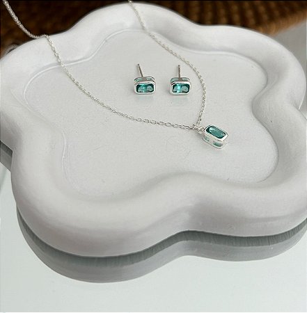Conjunto de Prata Retangular Pedras Verdes