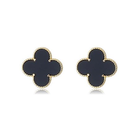 Brinco Trevo Preto Inspiração Virginia Banhado Ouro 18k