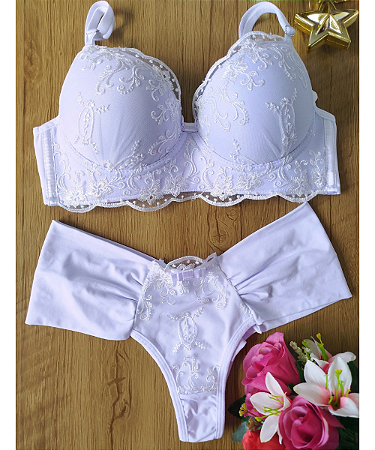 Conjunto Branco Bordado Calcinha Borboleta Fio Duplo