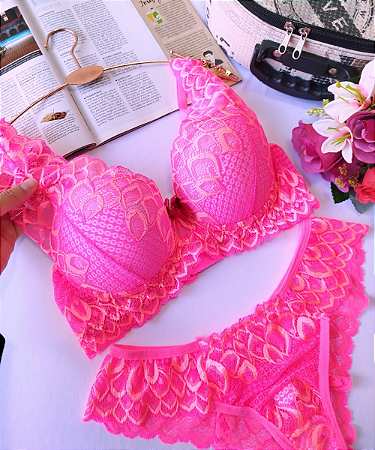 Conjunto Rosa Neon Renda na Alça Tam M