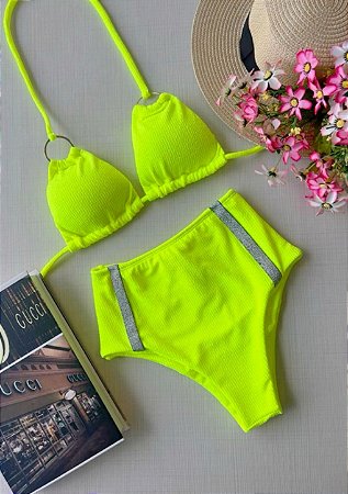 Biquíni Hot Pant Tropical Texturizado Tamanho G Amarelo Neon