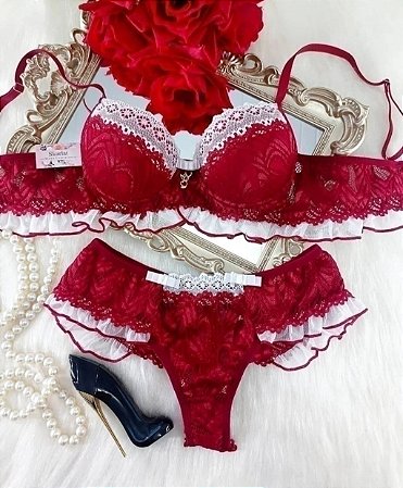 Conjunto de Lingerie Penélope Vermelho com Branco