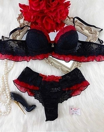 Conjunto Lingerie Penélope Preto e Vermelho