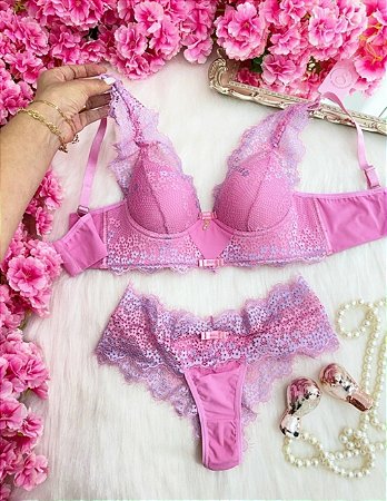 Conjunto de Lingerie Premium Chantilly Rosa Hera com Azul