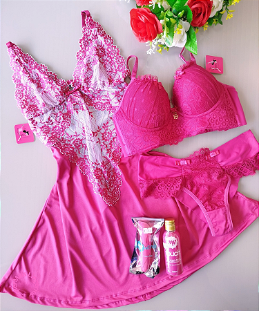 Combo Pink Camisola, Sutiã, Vibrador e Óleo de Massagem