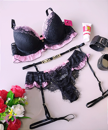 Combo Sedução - Conjunto de Lingerie + Cinta Liga Personalizada + Algemas + Lubrificante