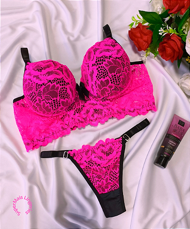 Conjunto de Lingerie Rosa Neon Tamanho G