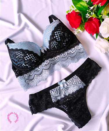 Conjunto de Lingerie Preto e Azul Tamanho P