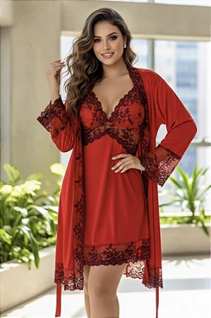 Robe Sensual Bicolor em Microfibra com Renda