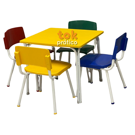 Conjunto Escolar Infantil Quadrado com 04 Cadeiras