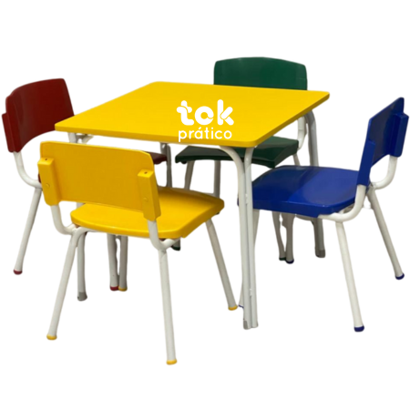 Conjunto Escolar Infantil Quadrado com 04 Cadeiras
