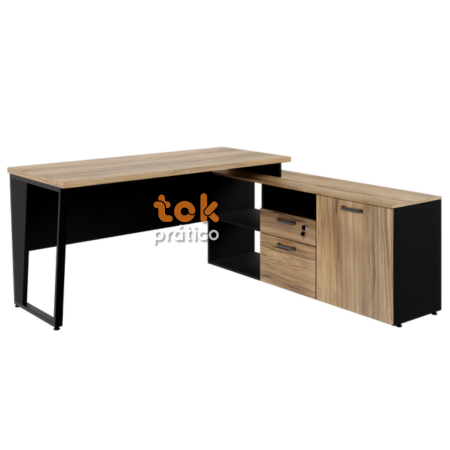 Mesa de Escritório em L com Balcão+Gavetas Acoplado e Pés Trapézio