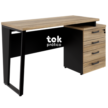 Mesa de Escritório Reta 1,35m tampo 30mm Dinâmica com Gaveteiro - Mesa com Pé Trapézio - Gaveteiro Pedestal 04 gavetas