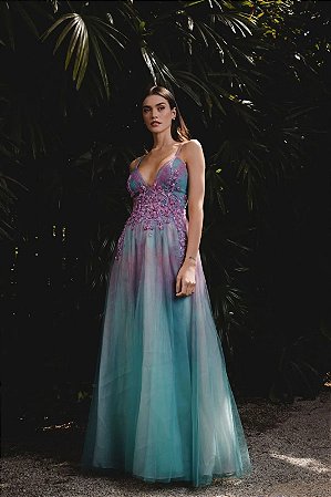 VESTIDO LONGO BORDADO PREGAS COTTON CANDY AZUL