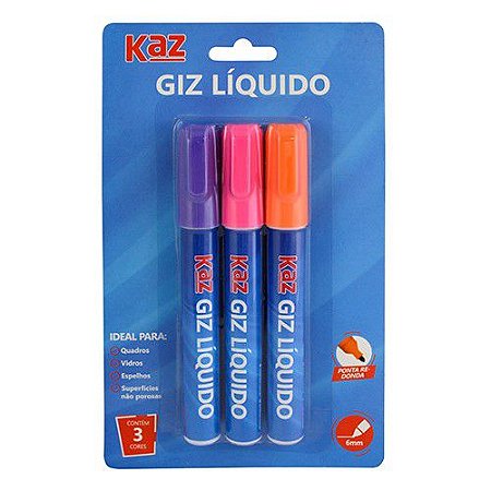 Giz Liquido Marcador 3 Cores (Roxo, Rosa e Laranja) - Kaz KZ2010