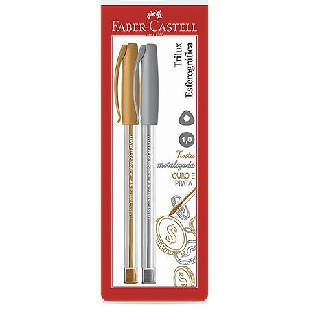Caneta Esferográfica Trilux Ponta Média 1.0 Tinta Metalizada Prata e Ouro (Blister com 2 Unidades) - Faber Castell