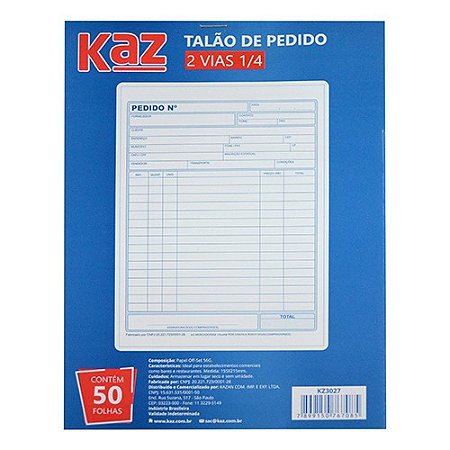 Talão de Pedido 2 Vias 1/4 com 50 Folhas - Kaz