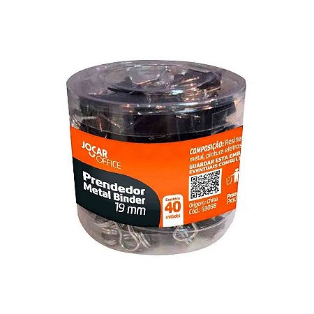 Prendedor Metal Binder Preto 19mm (Pote com 40 unidades)  - Jocar Office