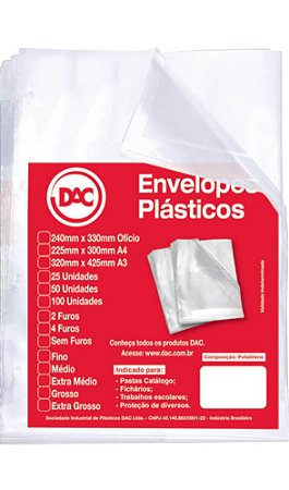 Envelope Plástico Extra Médio Formato A3 (320mm x 425mm) com 4 Furos - Pacote com 10 unidades - Dac