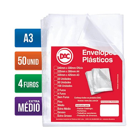 Envelope Plástico Extra Médio Formato A3 (320mm x 425mm) com 4 Furos - Pacote com 50 unidades - Dac