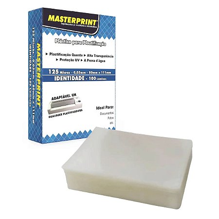 PLASTICO PARA PLASTIFICAÇÃO 125 MICRAS - 0,05MM - 80MM X 111MM RG/IDENTIDADE - 100 LÂMINAS