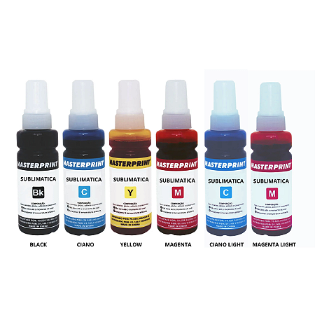 Kit 6 Cores de Tinta Sublimatica Black + Ciano + Magenta + Yellow + Ciano Light + Magenta Light