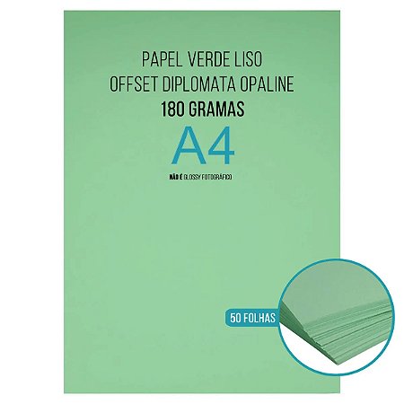 PAPEL VERDE DIPLOMATA OPALINE OFFSET LISO 180G A4 MASSA COLORIDA TIPO OFICIO 60KG - 50 FLS