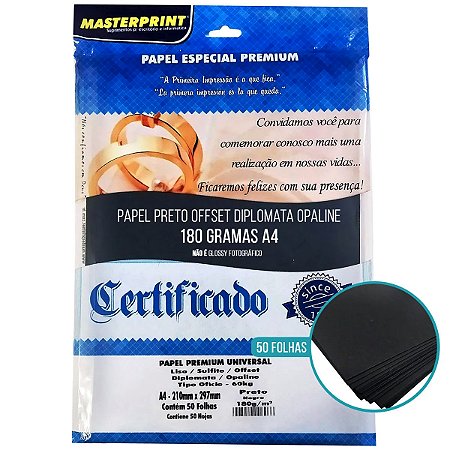 PAPEL PRETO DIPLOMATA/LISO/OFFSET 180G A4 - 50 FLS