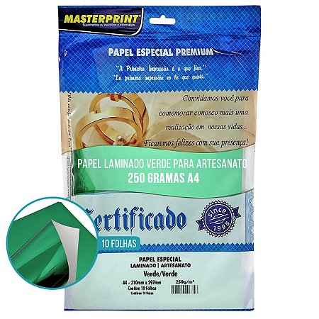 PAPEL VERDE LAMINADO/ARTESANATO 250G A4 - 10 FLS