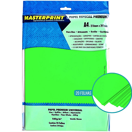 PAPEL VERDE NEON 180G A4 20 FLS