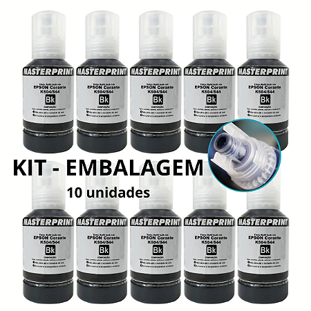 Kit com 10 Tintas Black Corante 504 544 Epson L3110 L3150 L4150 L4160 L6160 L6170 L6190 ET2700 ET3700 Black 127ml