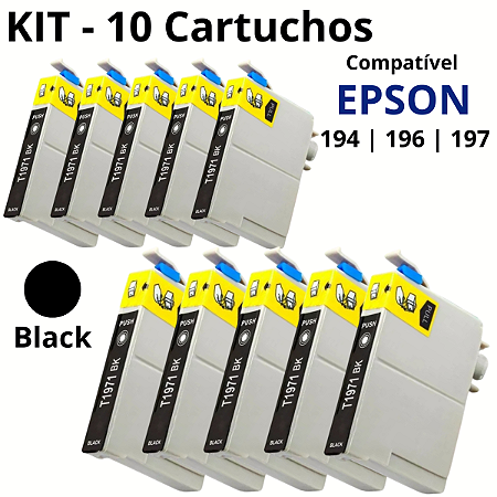 Compatível: Kit 10 Cartuchos de Tinta 194 196 197 para Impressora Epson XP-204 XP-214 XP204 XP214 / Preto / 15ml