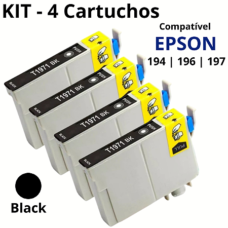 Compatível: Kit 4 Cartuchos de Tinta 194 196 197 para Impressora Epson XP-204 XP-214 XP204 XP214 / Preto / 15ml