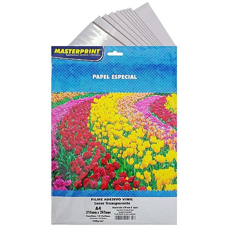 Vinil Adesivo Laser Transparente Brilhante A4 135g À Prova D'Água Filme Glossy p/ Impressora Laser 10 Folhas Masterprint