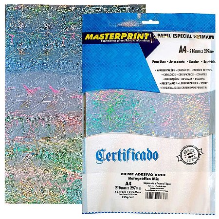 Vinil Adesivo Holográfico Mix Brilhante A4 135g À Prova D'Água Filme Adesivo PVC Glossy com 10 Folhas Masterprint