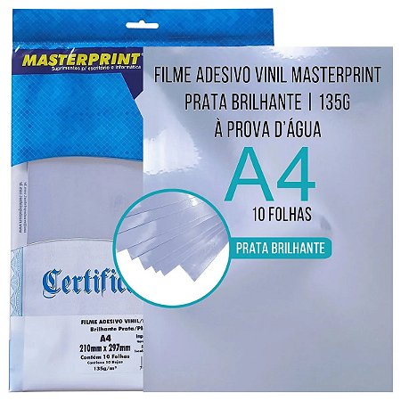 Vinil Adesivo Prata Brilhante A4 135g À Prova D'Água Filme Adesivo PVC com 10 Folhas Masterprint