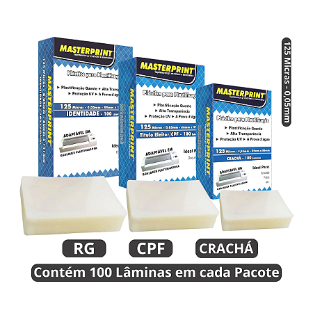 Kit para Plastificação RG + CPF + CRACHÁ - 125 Micras - Masterprint