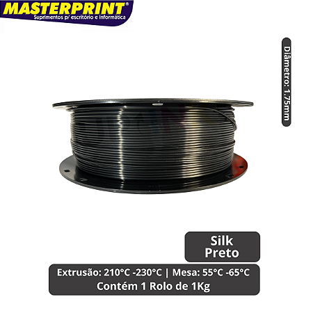 Filamento 3D - PLA SILK Preto - Rolo 1KG (1.75mm)