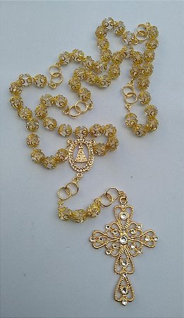 TERÇO NOIVA SEMI CRISTAL 10 MM DOURADO ALIANÇA