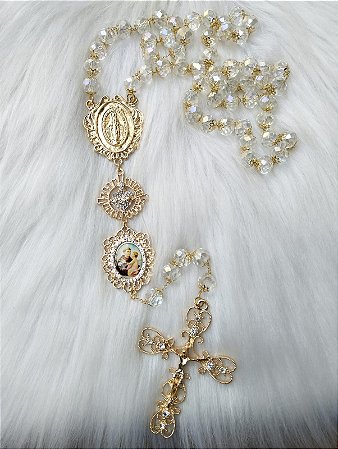 TERÇO NOIVA CRISTAL 12MM RELICARIO CORAÇAO STRASS DOURADO
