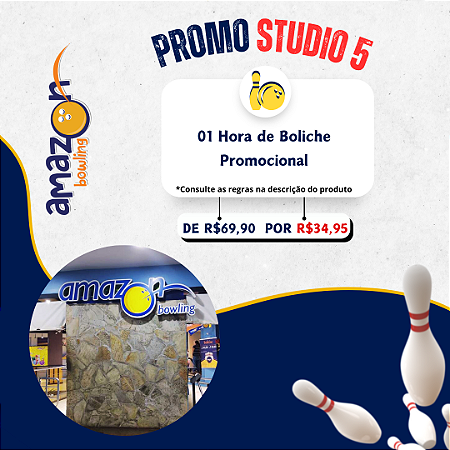 PROMO STUDIO 5: 01 hora de boliche promocional de R$69,90 por apenas R$34,95. *Consulte as regras na descrição*