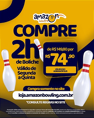 PROMO DE JULHO ADRIANÓPOLIS - 02 horas de Boliche DE R$149,80 POR APENAS R$74,90 *Consulte as regras na descrição*