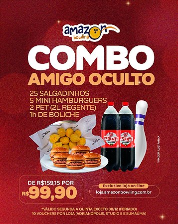 STUDIO 5 - COMBO AMIGO OCULTO: 01 Hora de Boliche + 25 Salgadinhos + 05 Mini Hambúrgueres + 2 Pets 2L de R$159,15 POR APENAS R$99,99 *Consulte as regras na descrição*