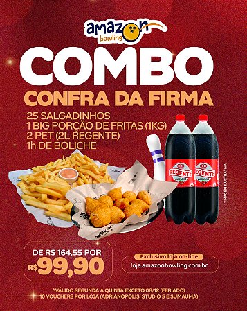 ADRIANÓPOLIS - COMBO CONFRA DA FIRMA: 01 Hora de Boliche + 25 Salgadinhos + 01 Kg de Fritas + 2 Pets 2l DE R$164,55 POR APENAS R$99,99 *Consulte as regras na descrição*