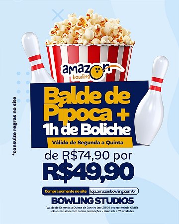 STUDIO 5 - Compre 01 hora de boliche e ganhe 01 balde de pipoca de R$74,90 por R$49,90 *Consulte as regras na descrição*