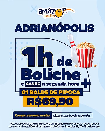 ADRIANÓPOLIS - Compre 01 hora de boliche e ganhe a segunda hora + 1 balde de pipoca de R$158,70 por R$69,90 *Consulte as regras na descrição*