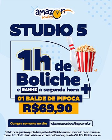 STUDIO 5 - Compre 01 hora de boliche e ganhe a segunda hora + 1 balde de pipoca de R$158,70 por R$69,90 *Consulte as regras na descrição*
