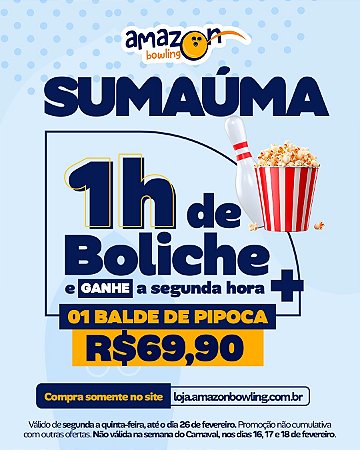 Sumaúma - Compre 01 hora de boliche e ganhe a segunda hora + 1 balde de pipoca de R$158,70 por R$69,90 *Consulte as regras na descrição*