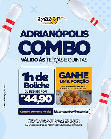 ADRIANÓPOLIS - COMBO DE MARÇO: Compre 01 Hora de Boliche com desconto e GANHE 01 Porção de Mini Churros (10un) de R$87,80 por apenas R$49,90 *Consulte as regras na descrição*